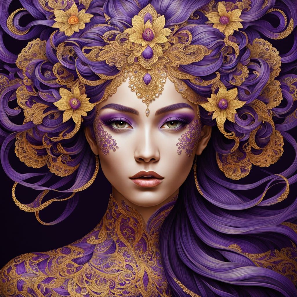 Woman with Gold and Purple Hair Art in Colorful Tones