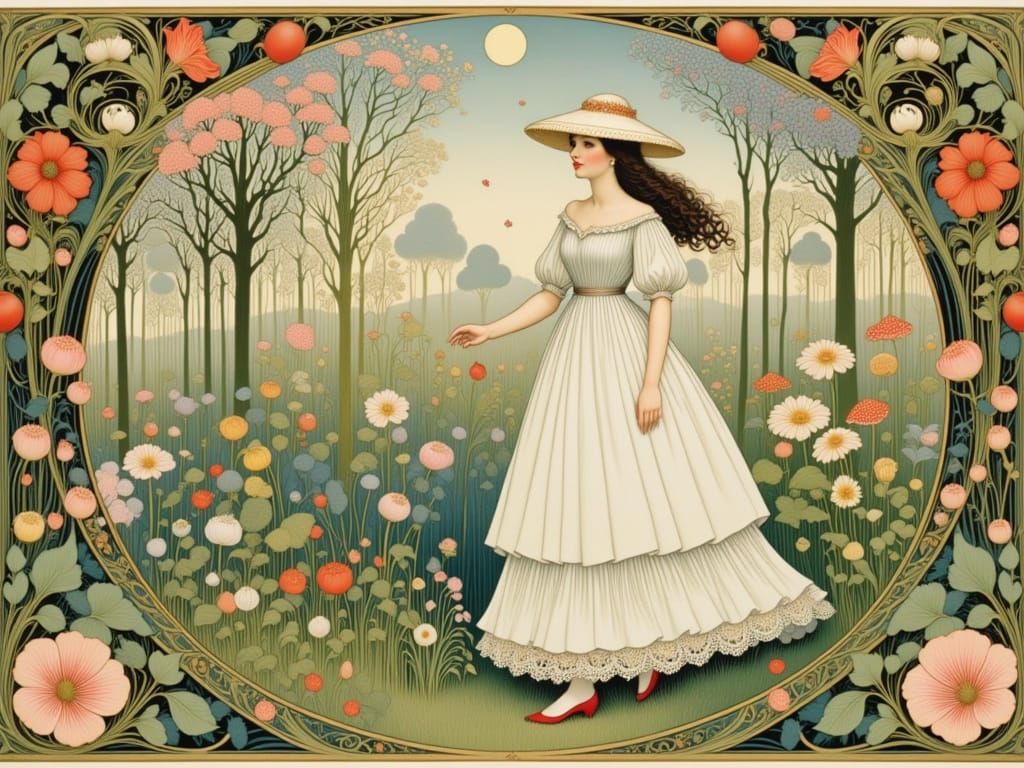 Whimsical Art Nouveau Apple Blossom Garden Scene
