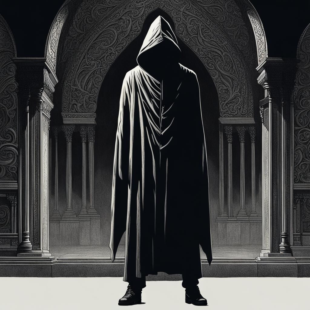 Mysterious Hooded Figure Beckons from Shadows