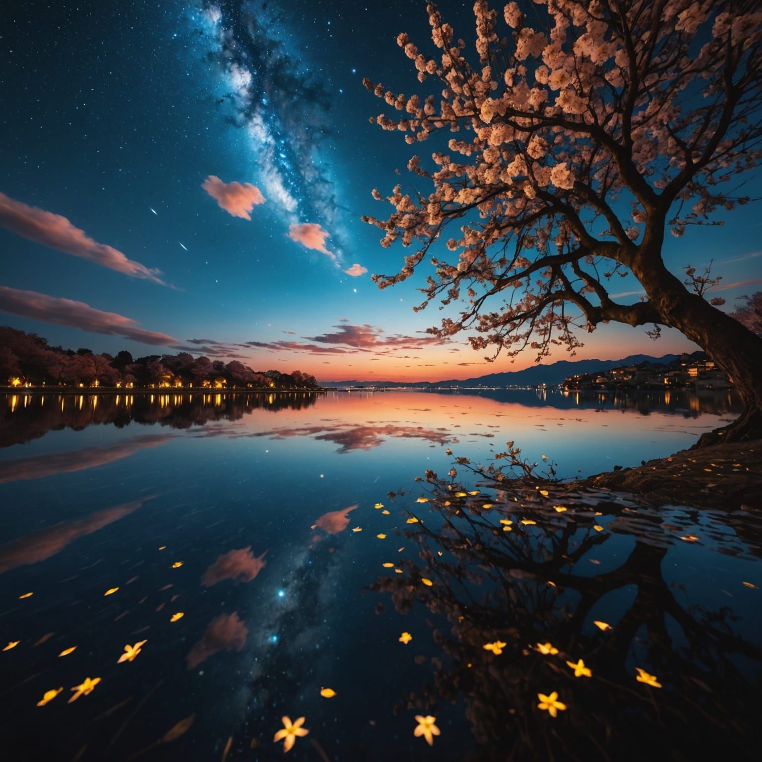 Mystical Sunset Scene with Cherry Tree Reflection