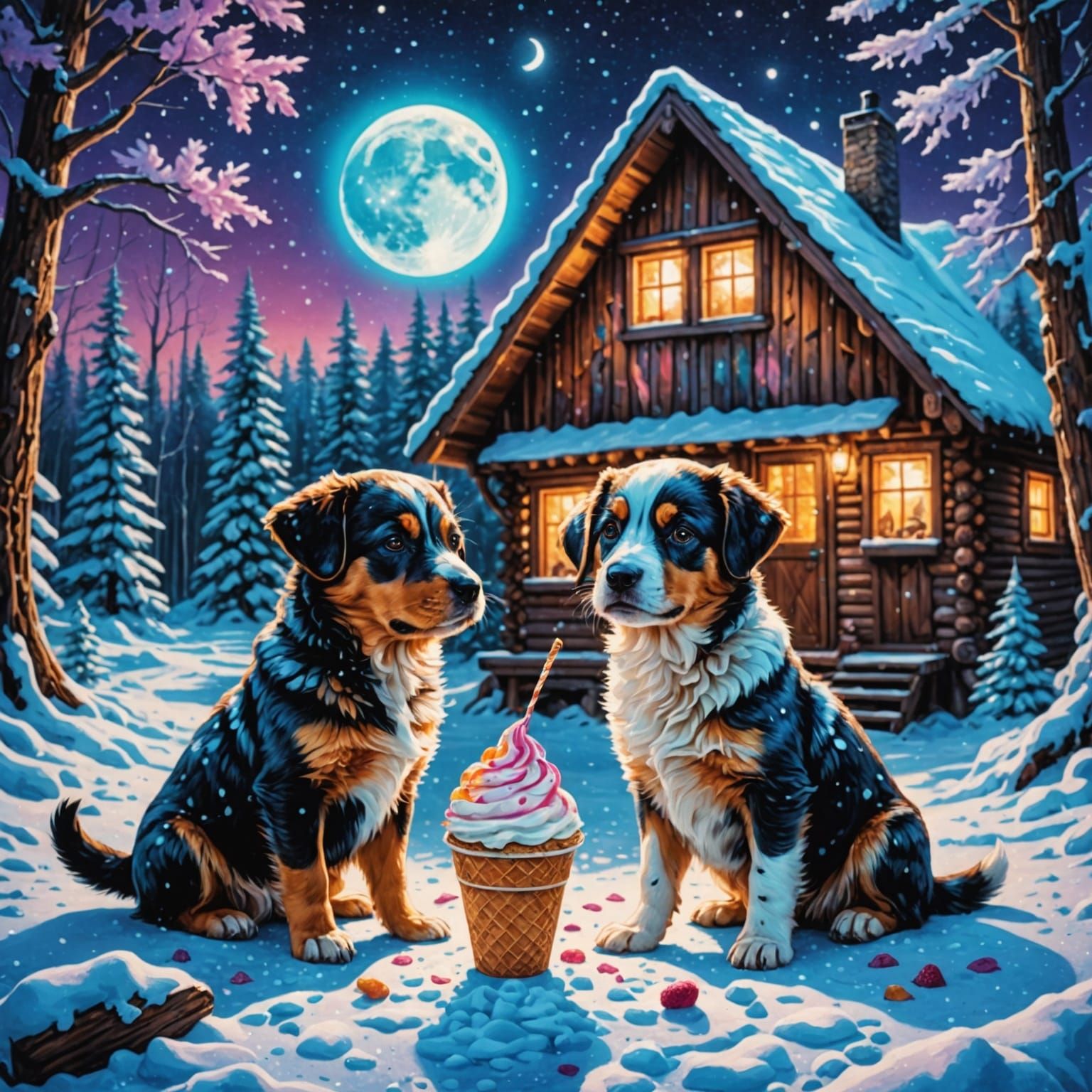 Cosmic Winter Cabin Scene in Vibrant Pointillism
