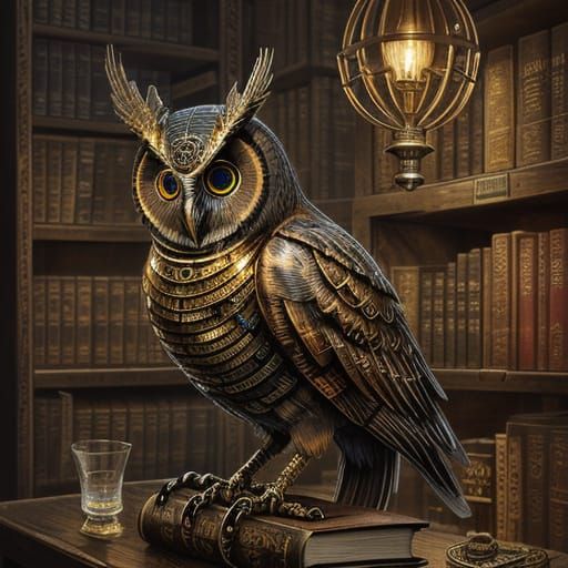Steampunk Clockwork Owl on Books in Victorian Study