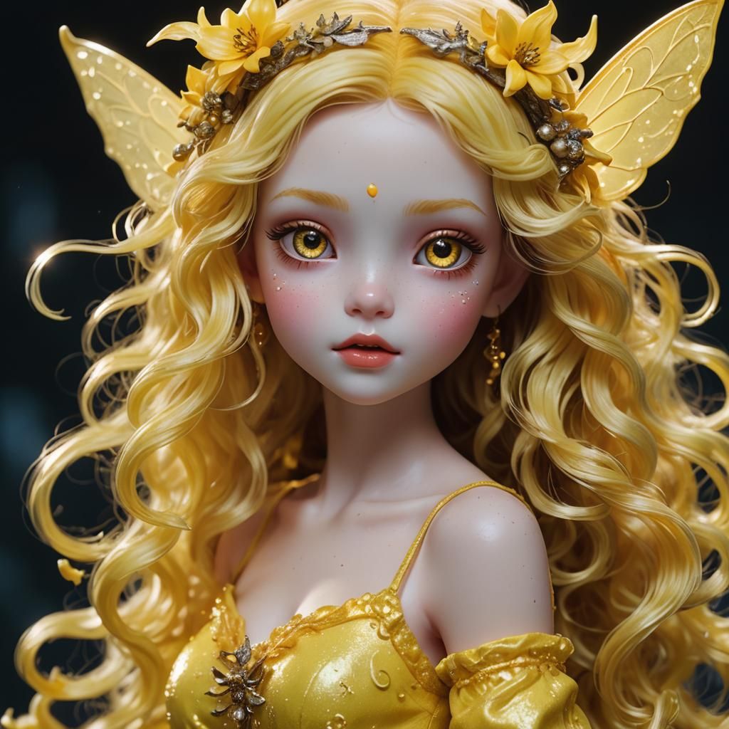 Bright Yellow Flame Fairy with Wavy Hair