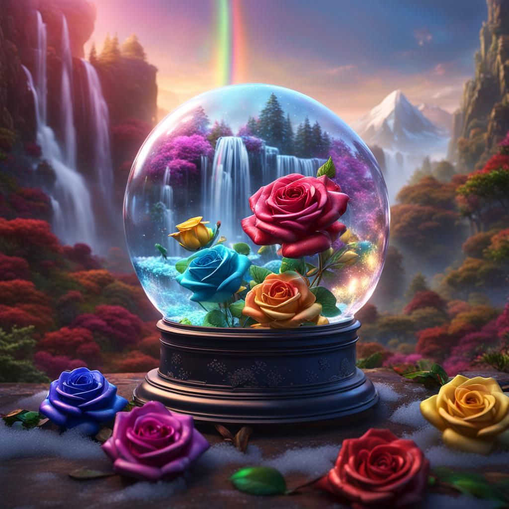 Rainbow Roses in Glass Snow Globe: 3D Render