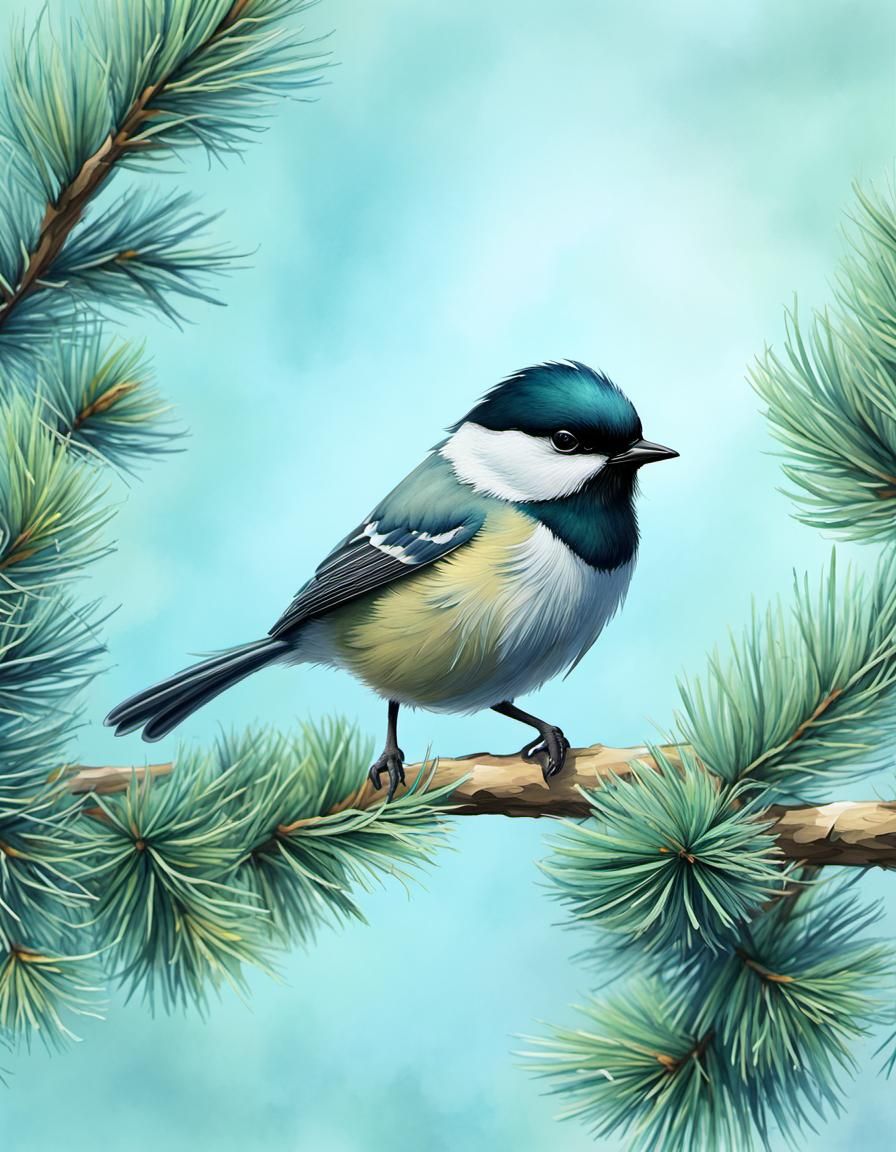 Chickadee on Pine Branch in Watercolor Style