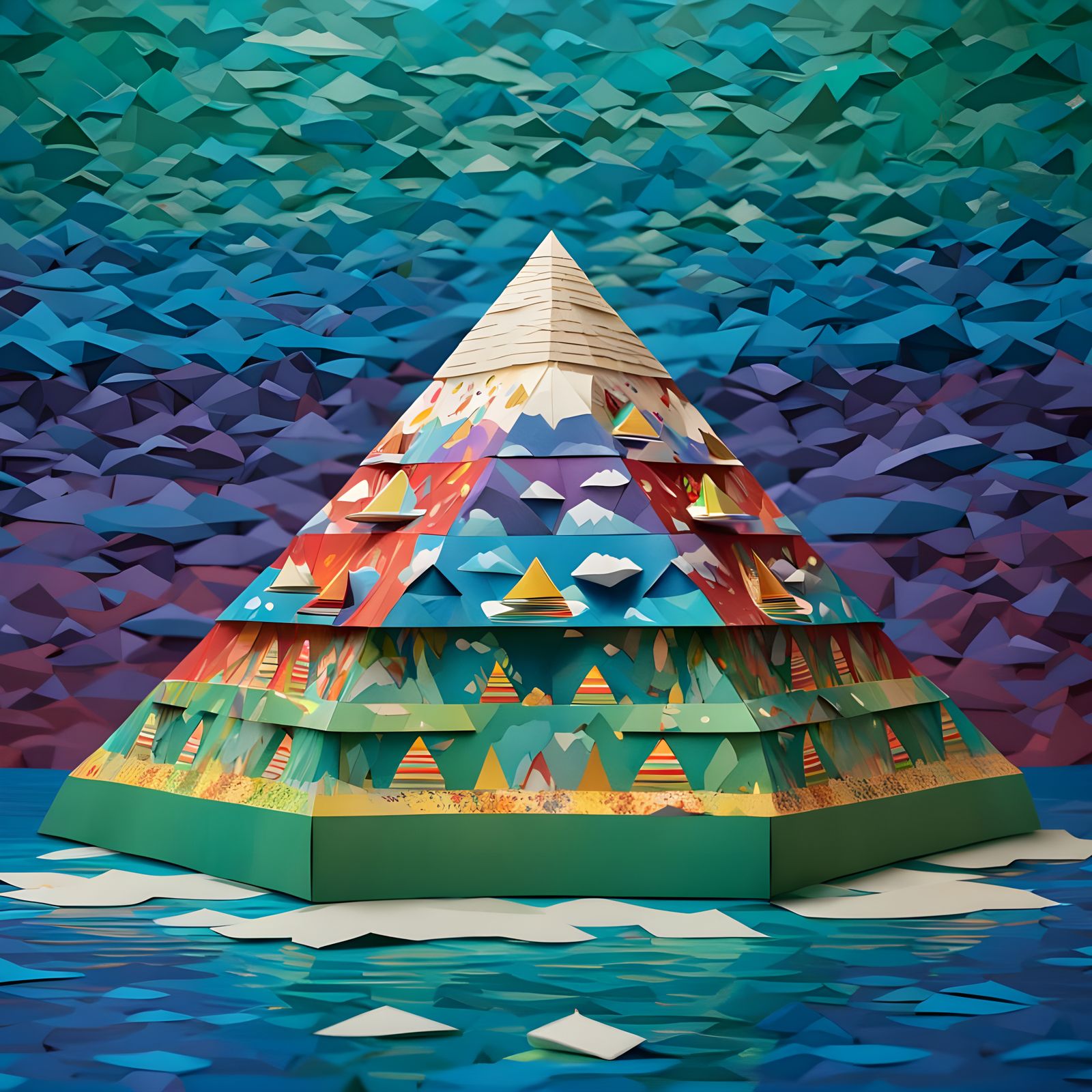 Ancient Aztec Temple in Vibrant Origami Style