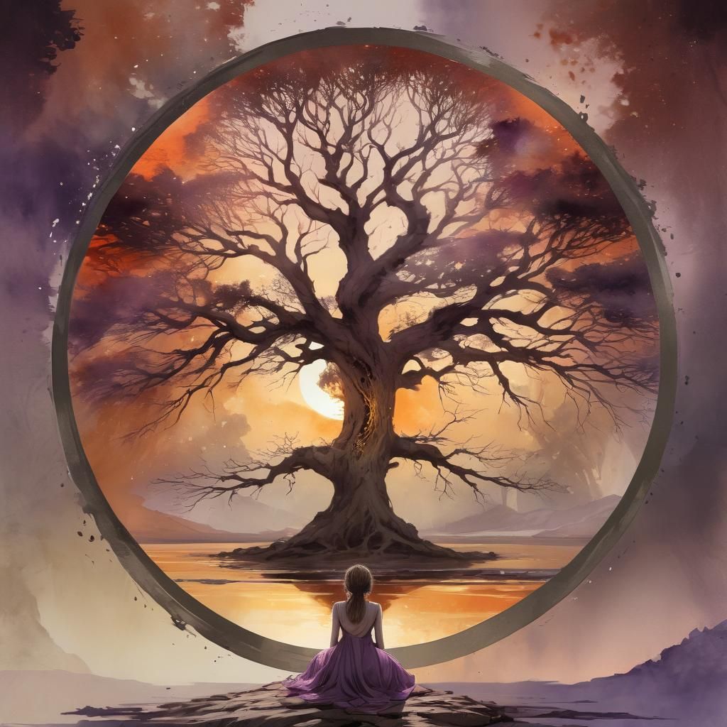 Meditating Woman at Tree Portal: Watercolor and Ink