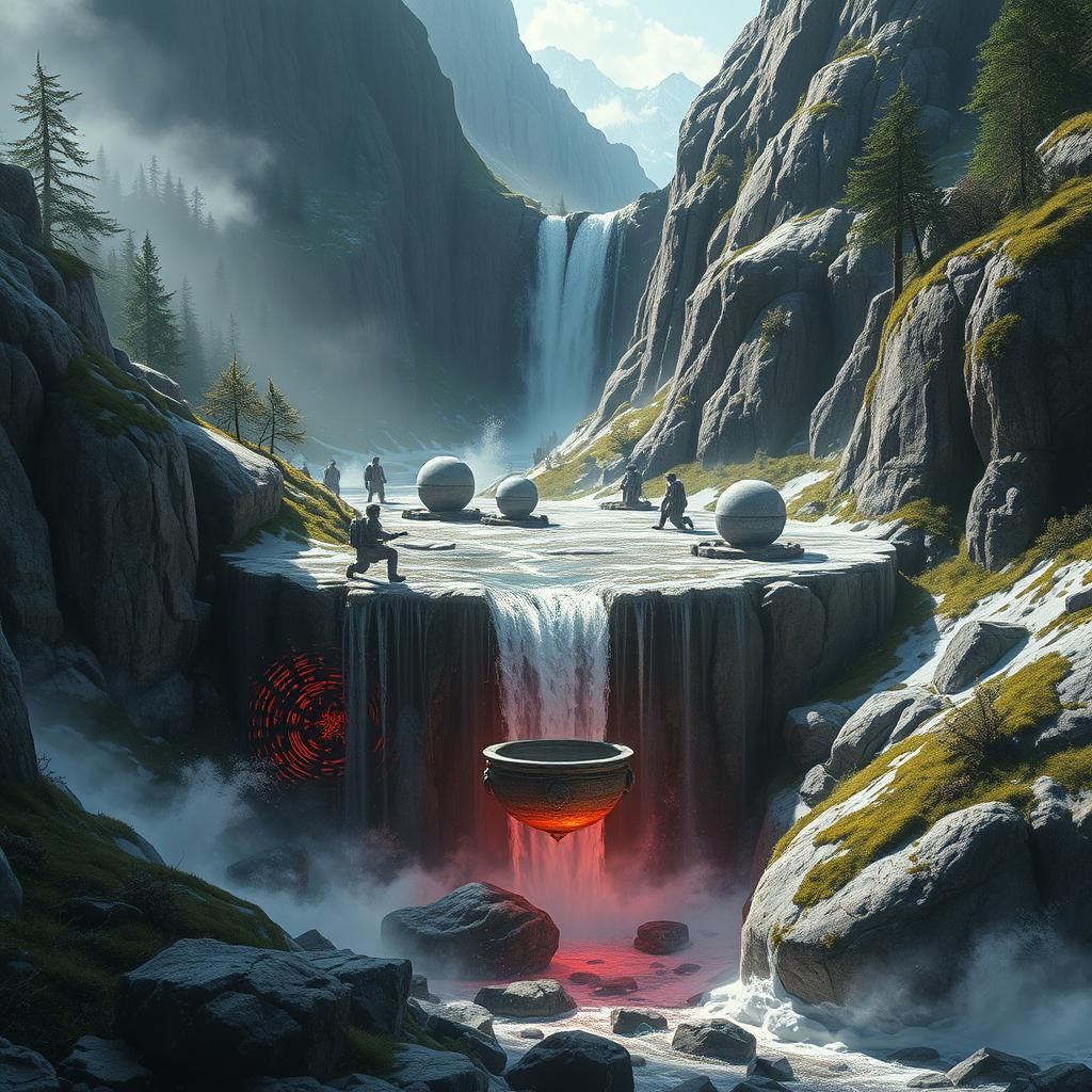 Fantastical Cascade: Detailed Matte Painting in Deep Color