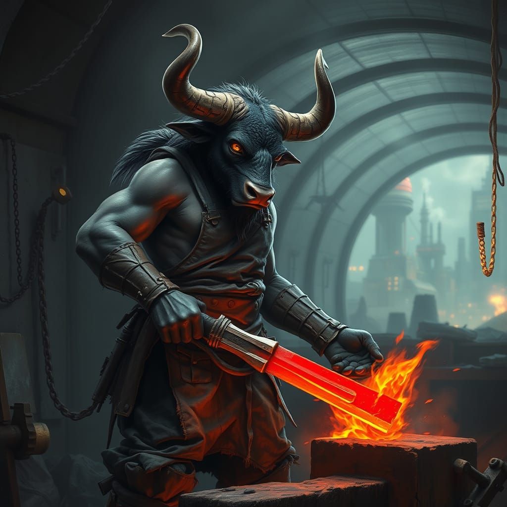 Cyberpunk Bull God Forges Sword in Dystopian Forge