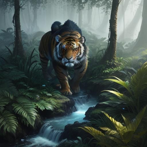Fantasy Tiger in Golden Hour Jungle