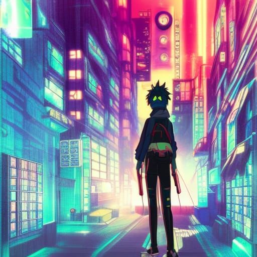 Cyberpunk Neon Cat Ninja in Ghibli Anime Style