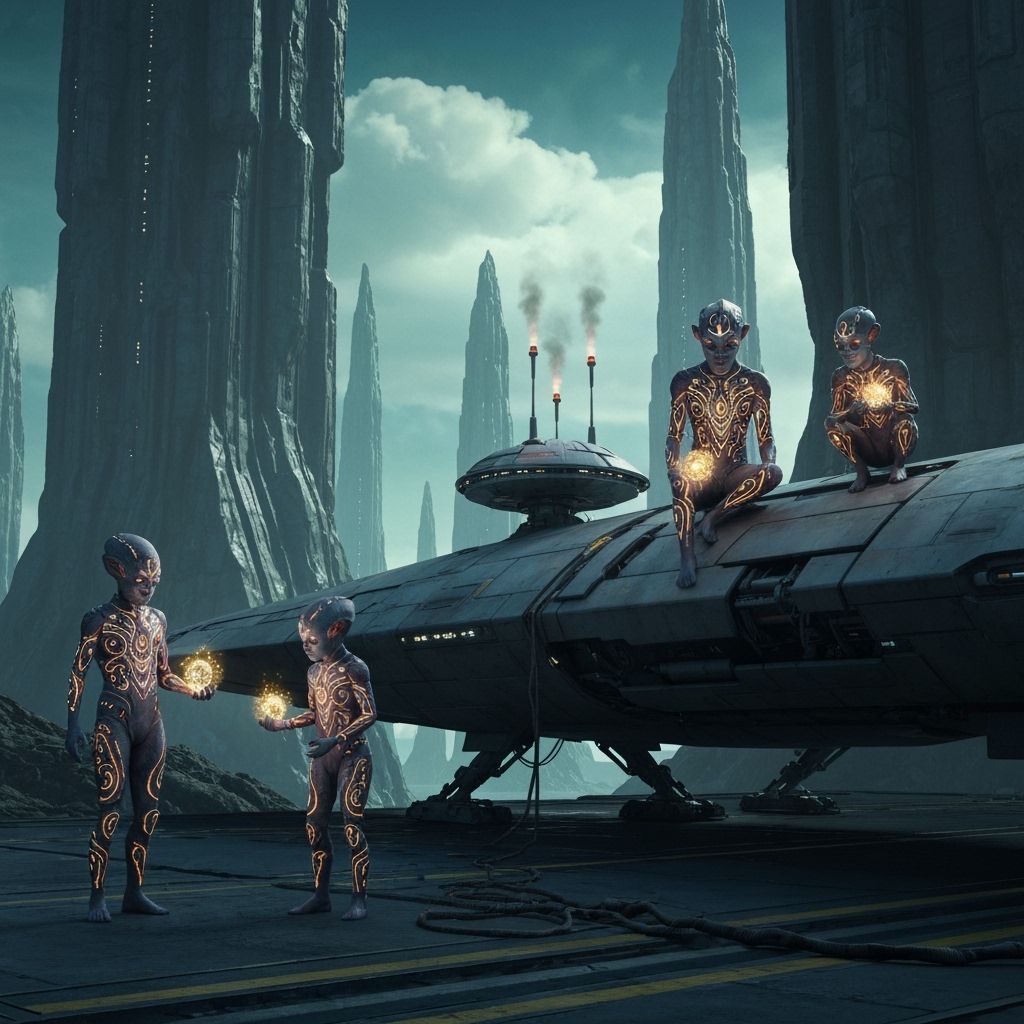 Alien Family Repairs Spaceship in Biomechanical Style