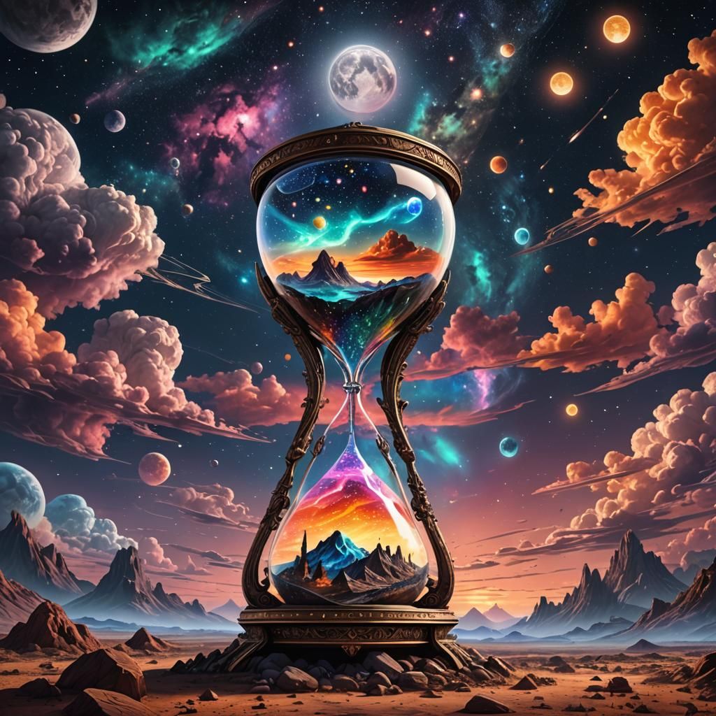 Hourglass with Starry Sky and Alien Landscape