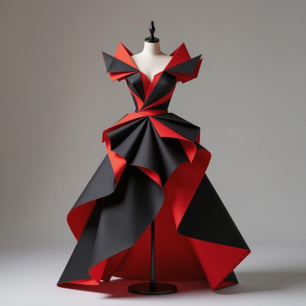 Avant-Garde Origami Fashion Dress in Fiery Red and Black