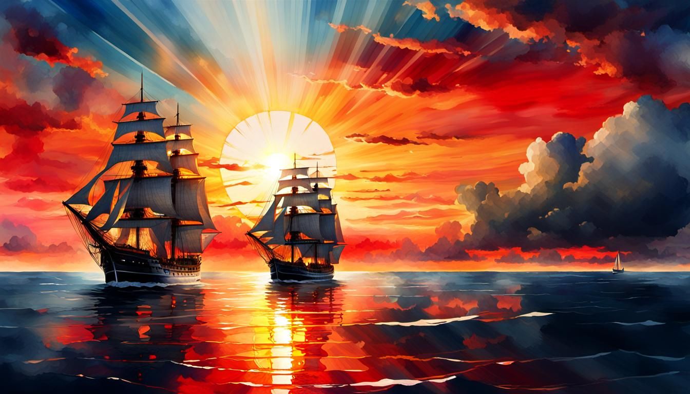 Sailing Ship at Sunset: Watercolor Concept Art