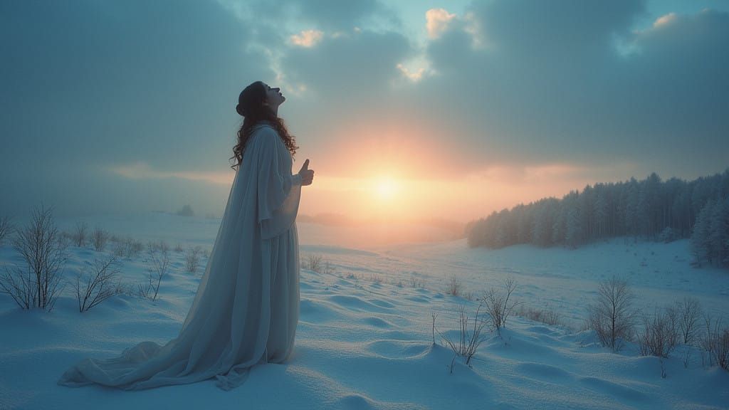 Ethereal Snow Goddess in a Twilight Landscape
