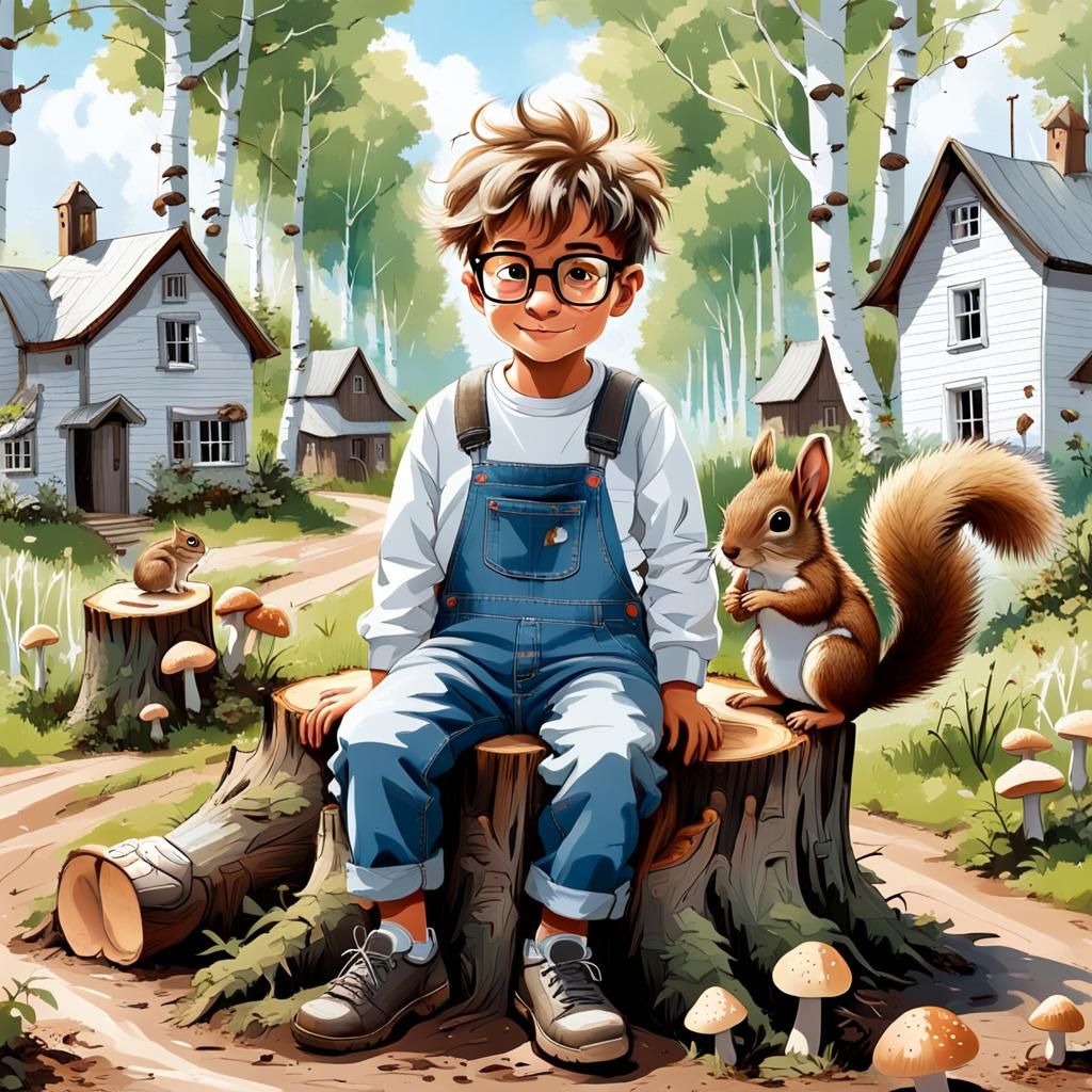 A little boy wearing glasses holding a  baby squirrel , with...