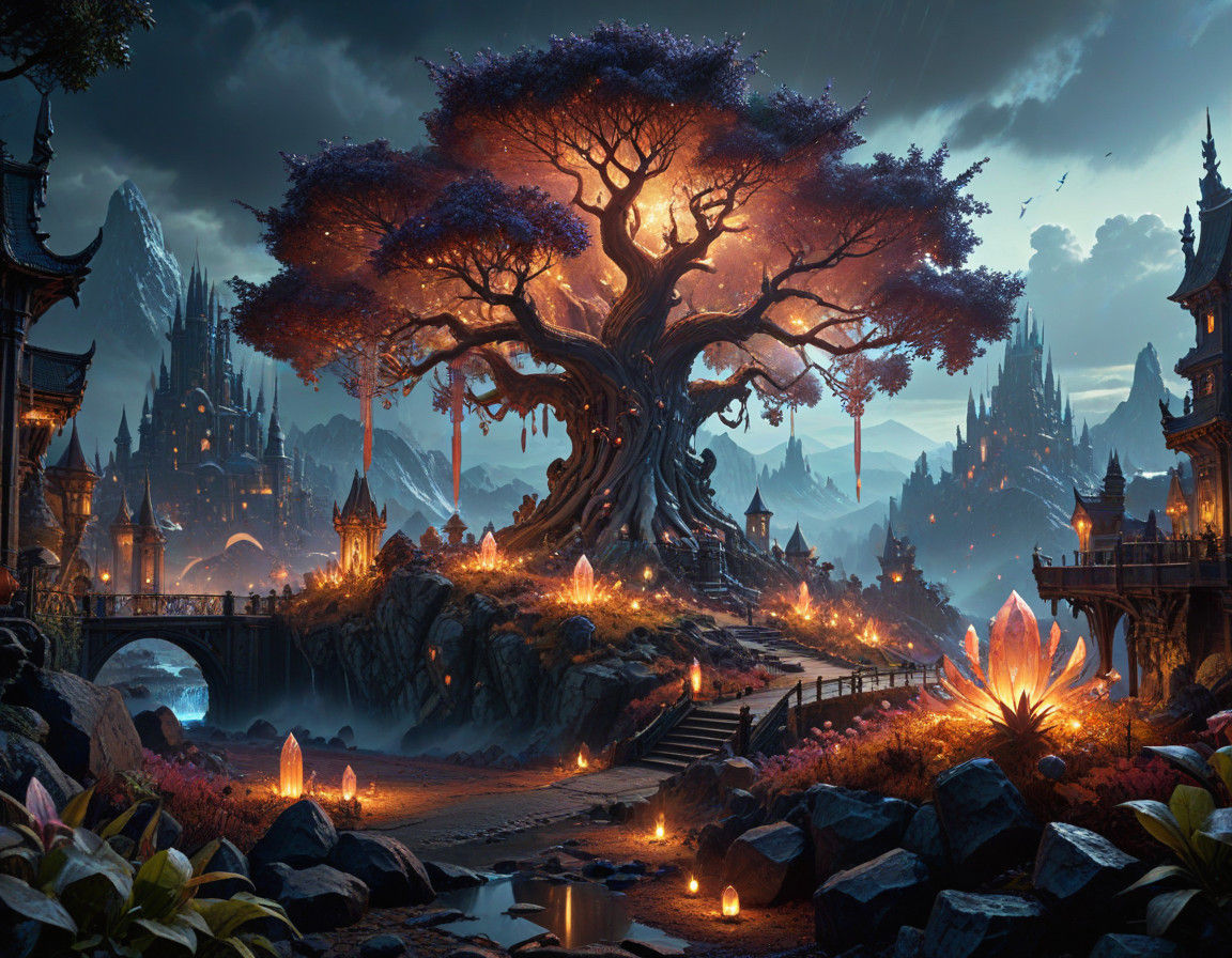 Crystal City in a Fantastical Landscape with Glowing Fruits...