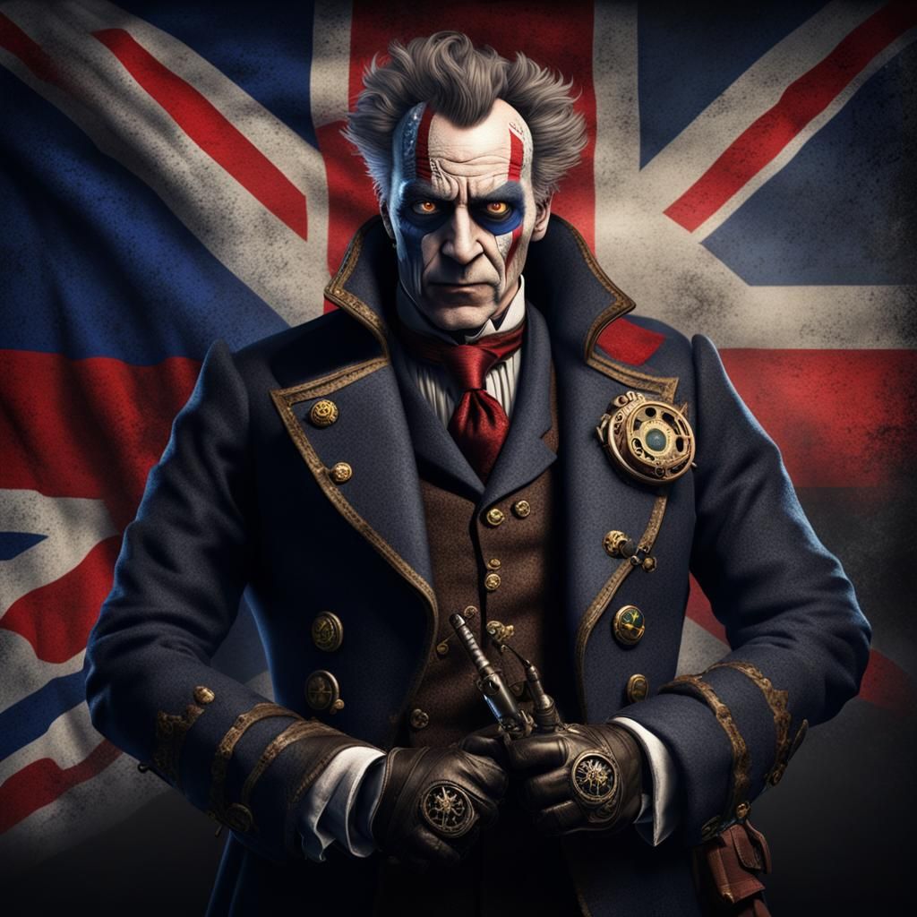 Steampunk Super Villain with British Flag, Cinematic 8k