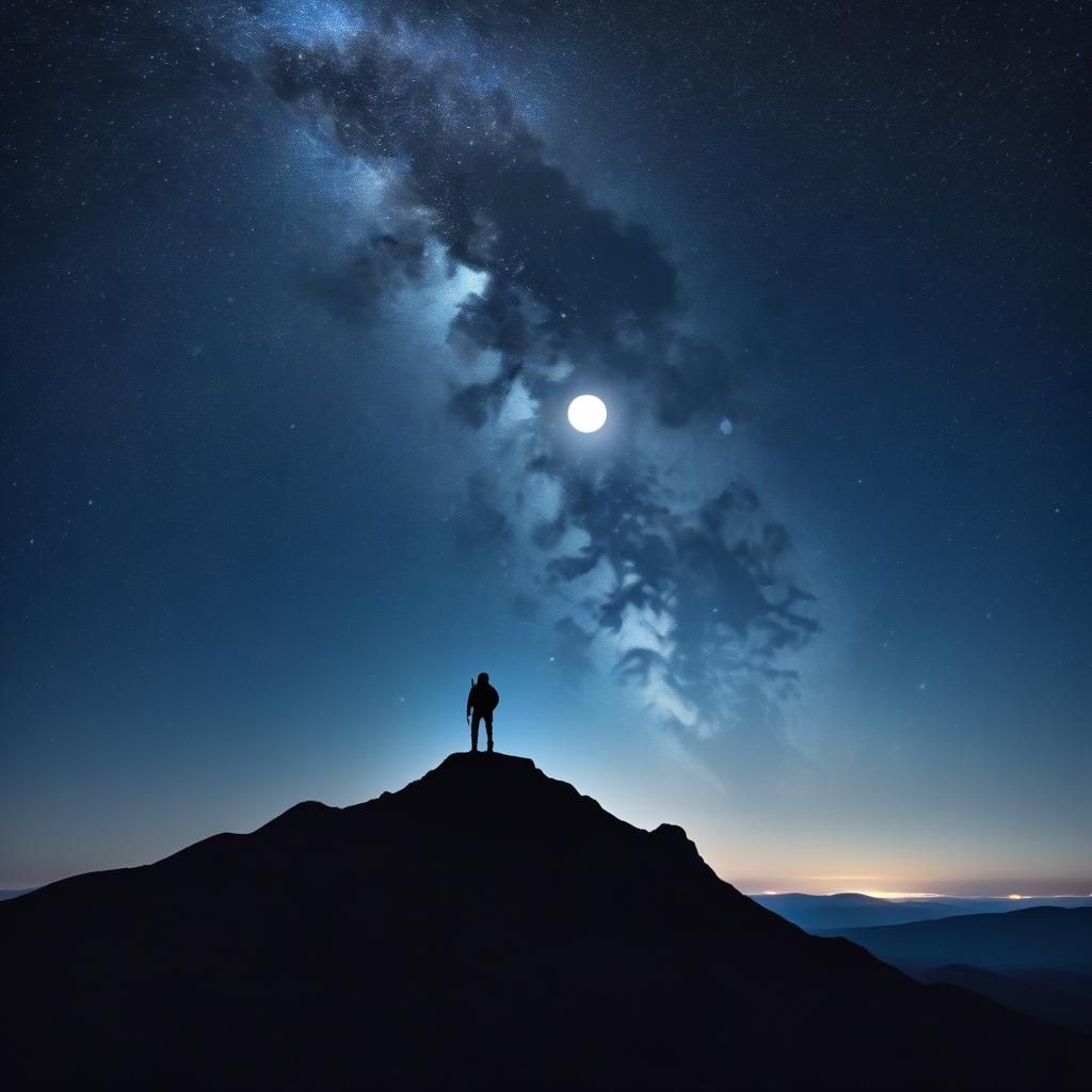 Silhouette Hiker Gazing at Starry Night Sky