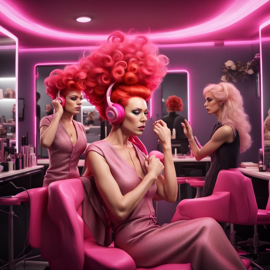 Drag Queens Styling Hair in Salon, Detailed Matte Painting