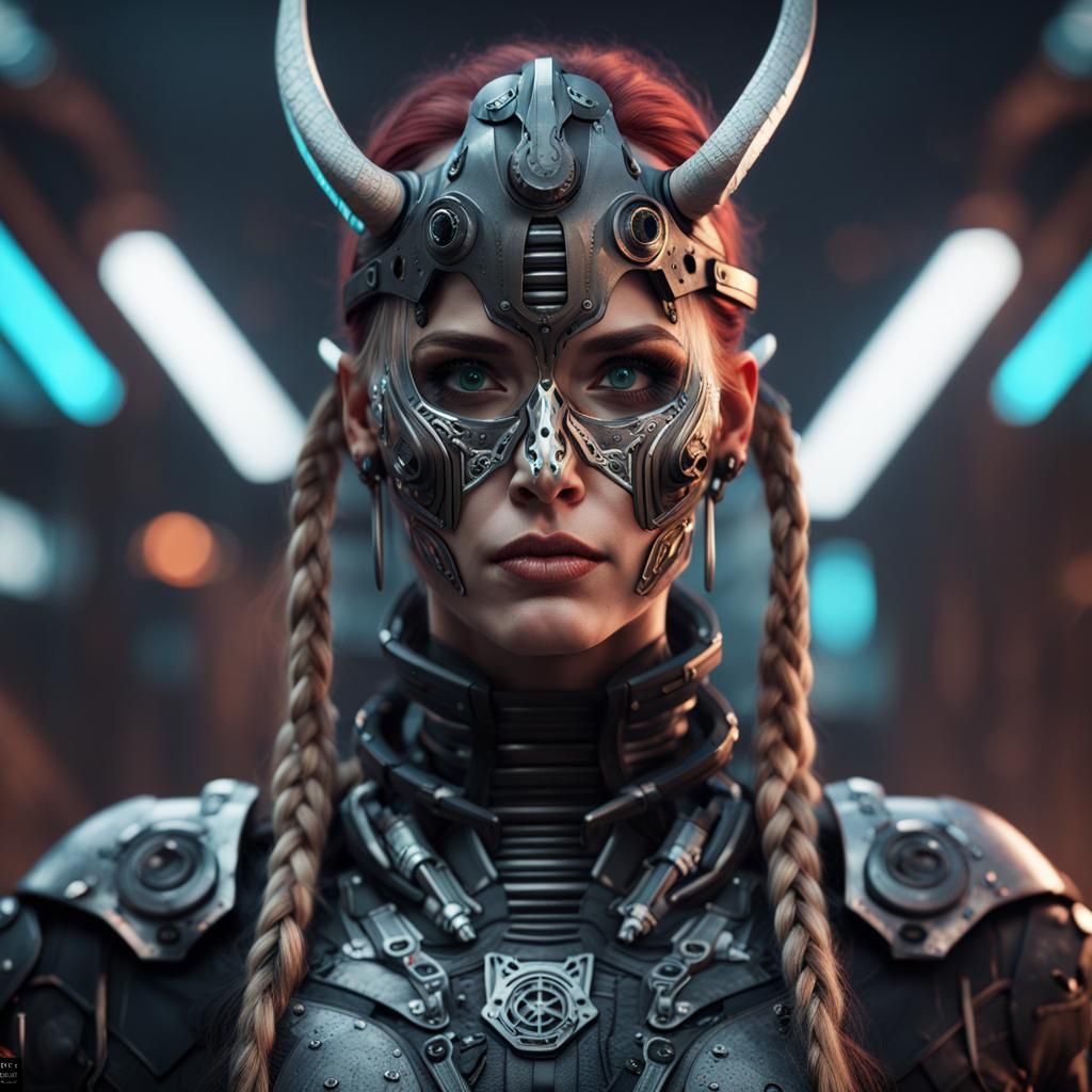 Futuristic Cyberpunk Viking Cyborg with Black Metal Face Pai...