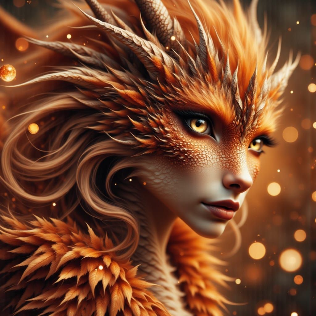 Amber Dragon Woman with Topaz Scales: Digital Art