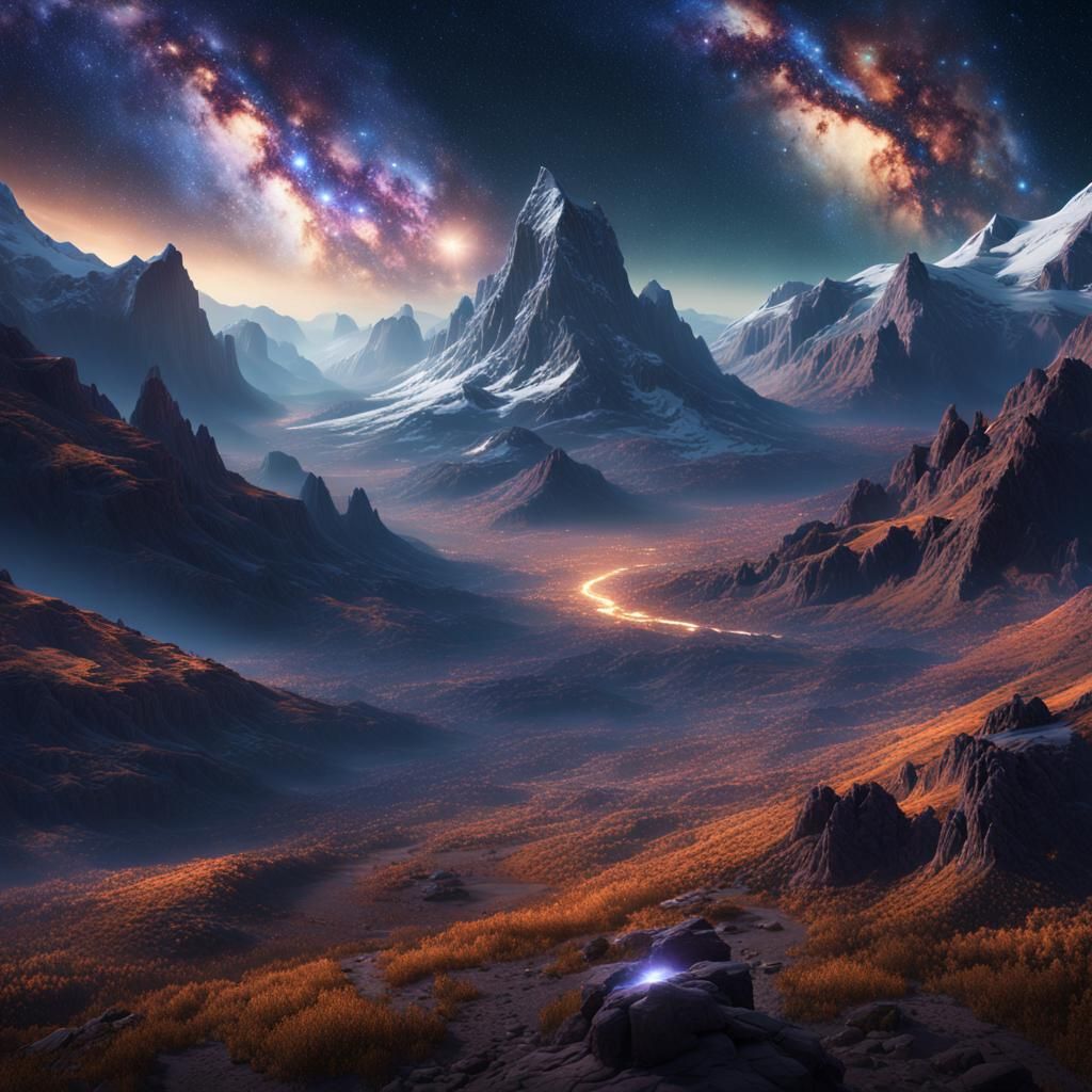 Night Sky Over Mountain Valley: Fantasy Concept Art