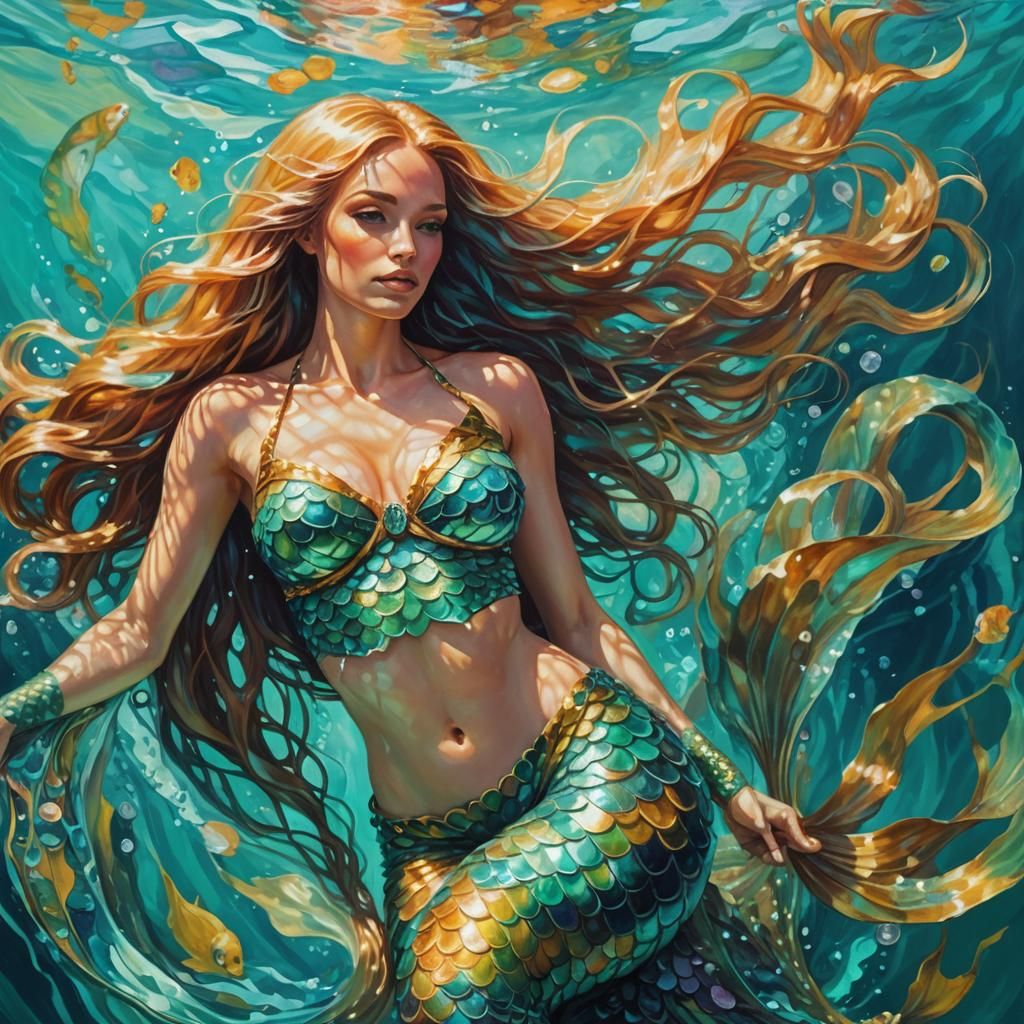 Surreal Mermaid in Turquoise Water: Triadic Oil Painting