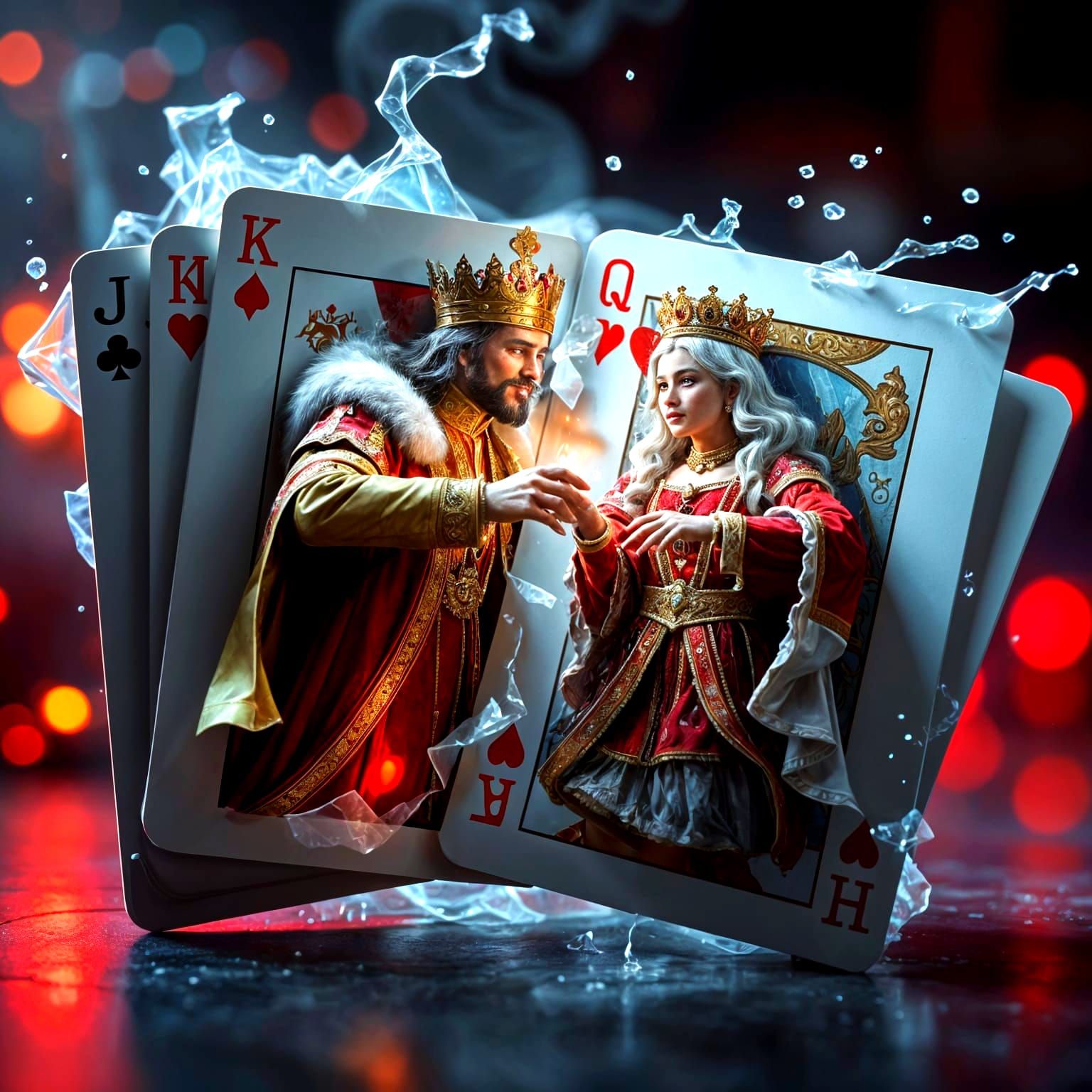 King and Queen Emerge From Playing Cards, Reaching for Love