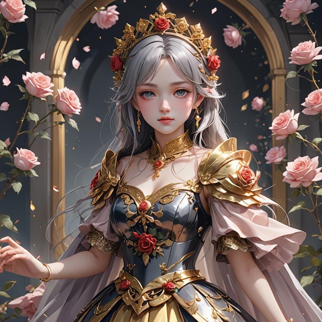 Rose Princess in Gold Dress: 3D Anime Art