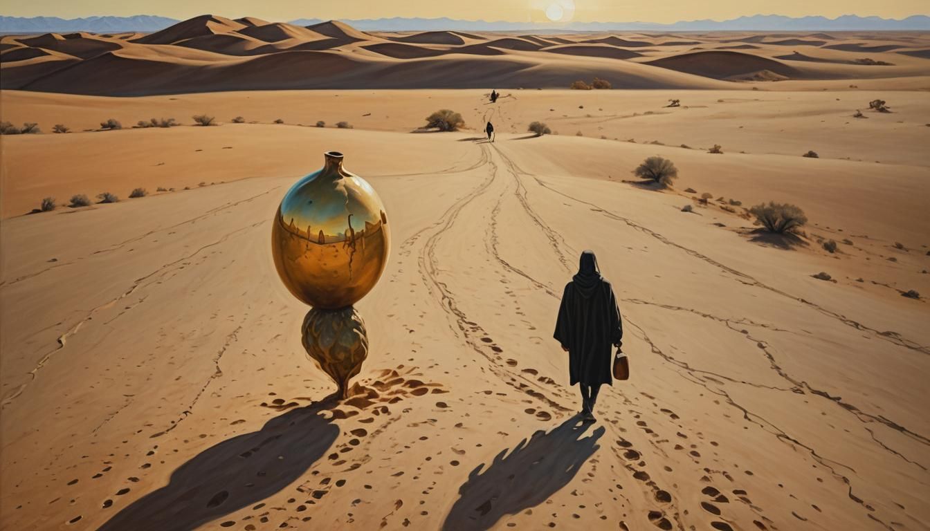 Desert Walker with Gourd in Surreal Landscape