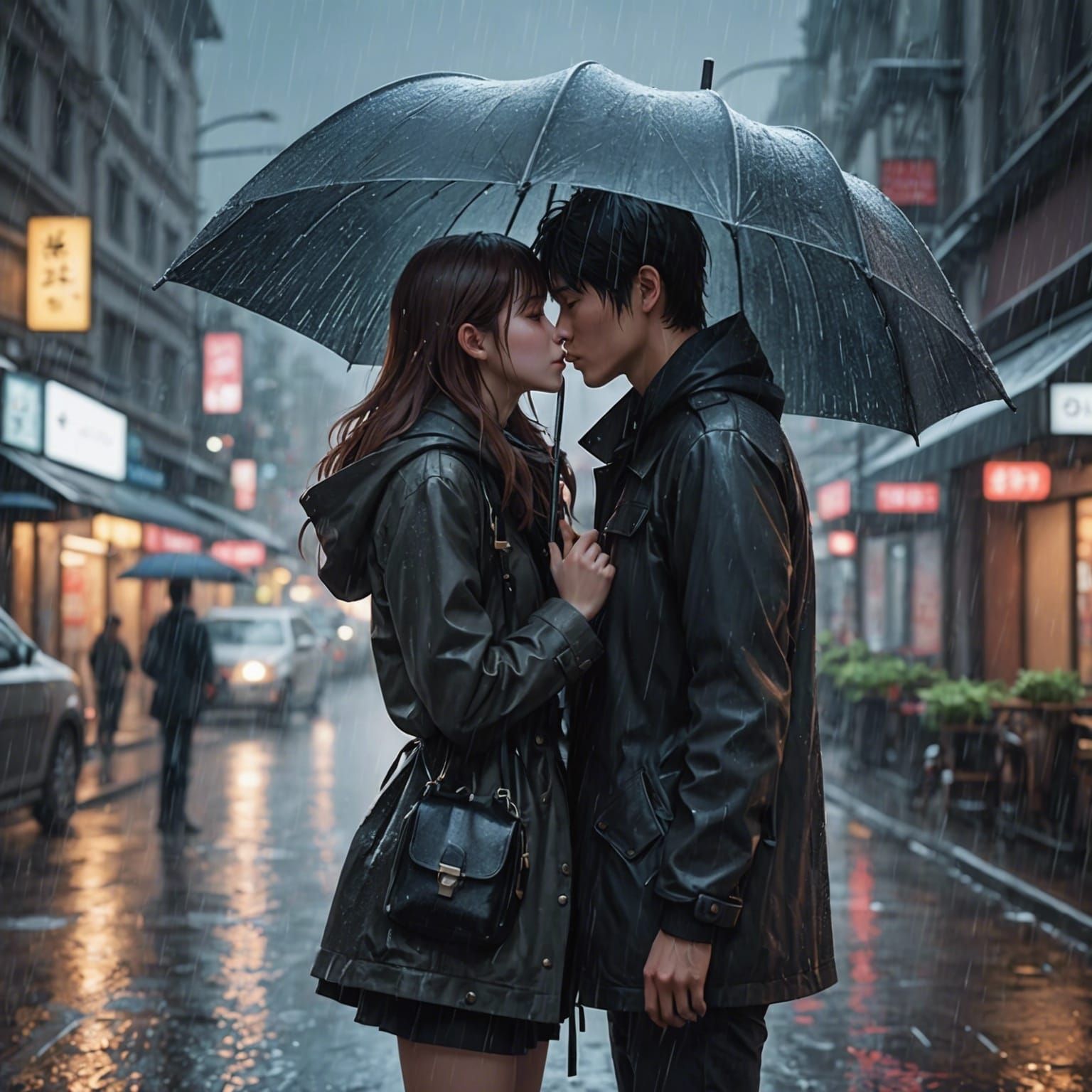 Romantic Couple Kissing in Rainy Anime Style