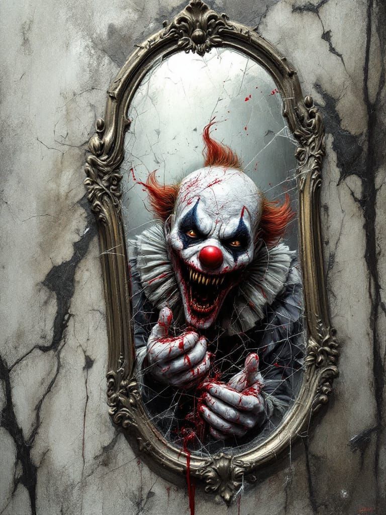 mirror reflection of a macabre clown
