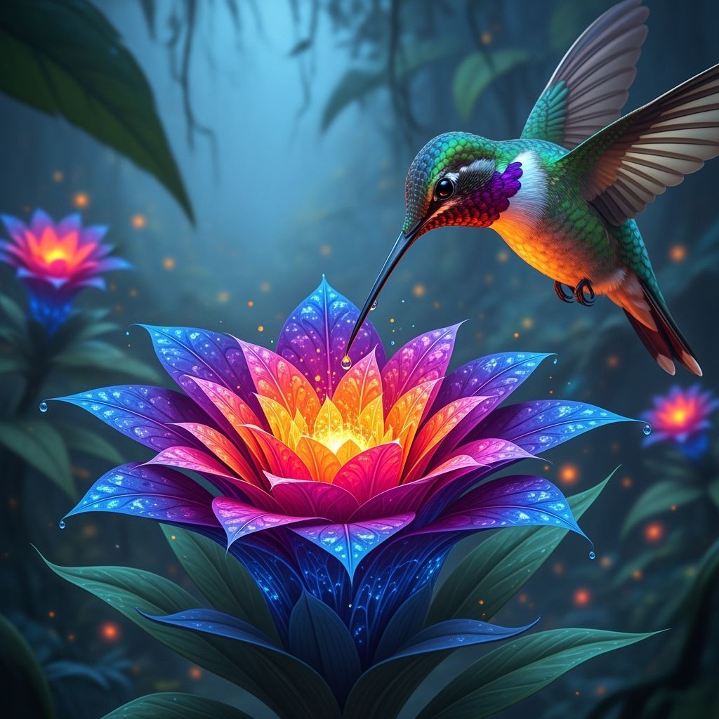 Hummingbird and Fractal Flower with Bioluminescent Glow