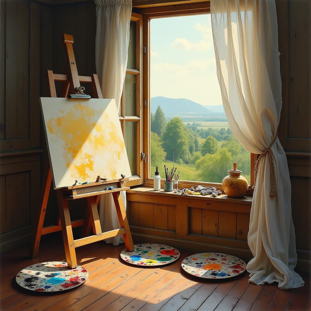 Easel by Open Window in Romantic Realism Style