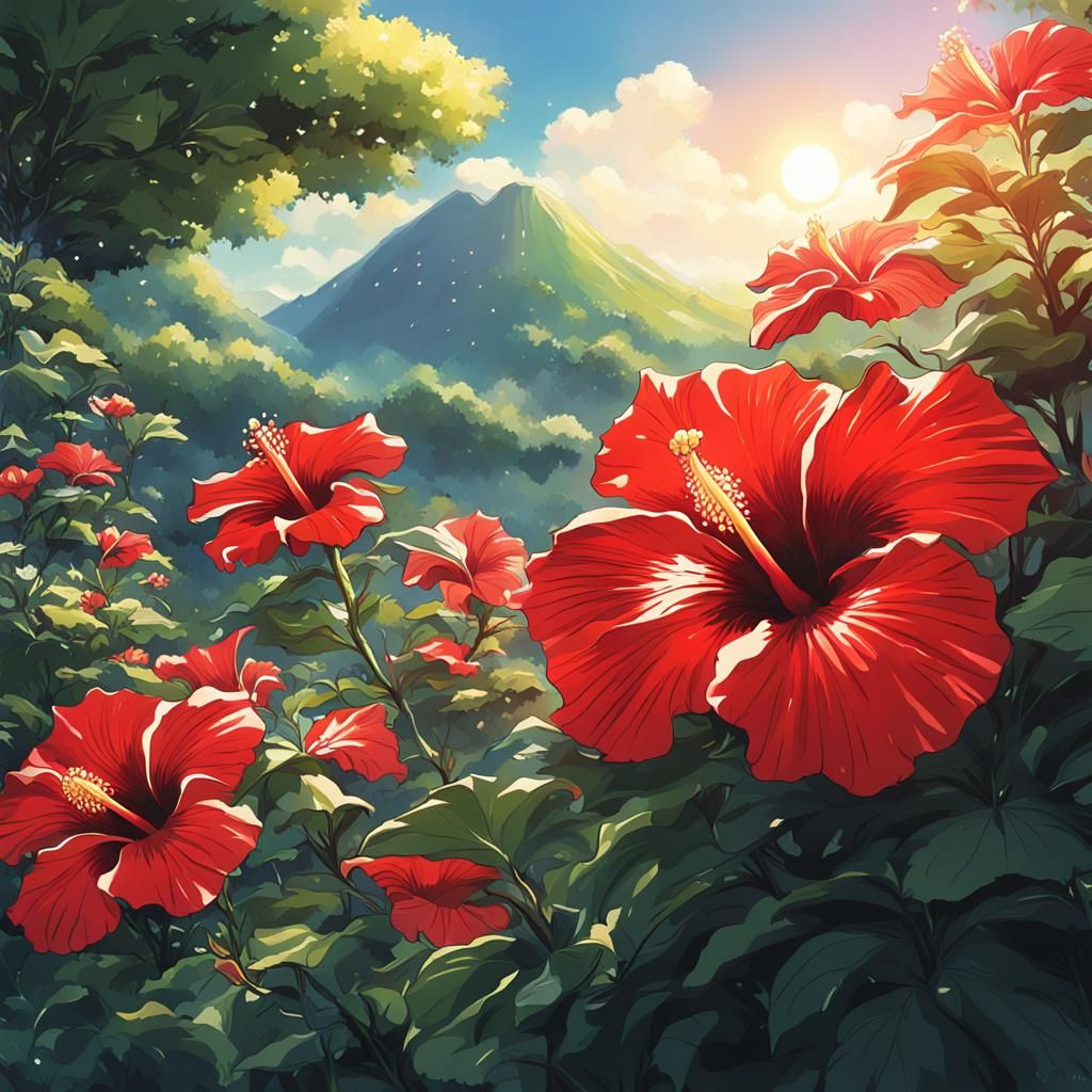 Red Hibiscus Flower in Studio Ghibli Anime Style