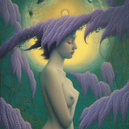 Bird-Woman in Wisteria Bed: Surreal Fairytale Art