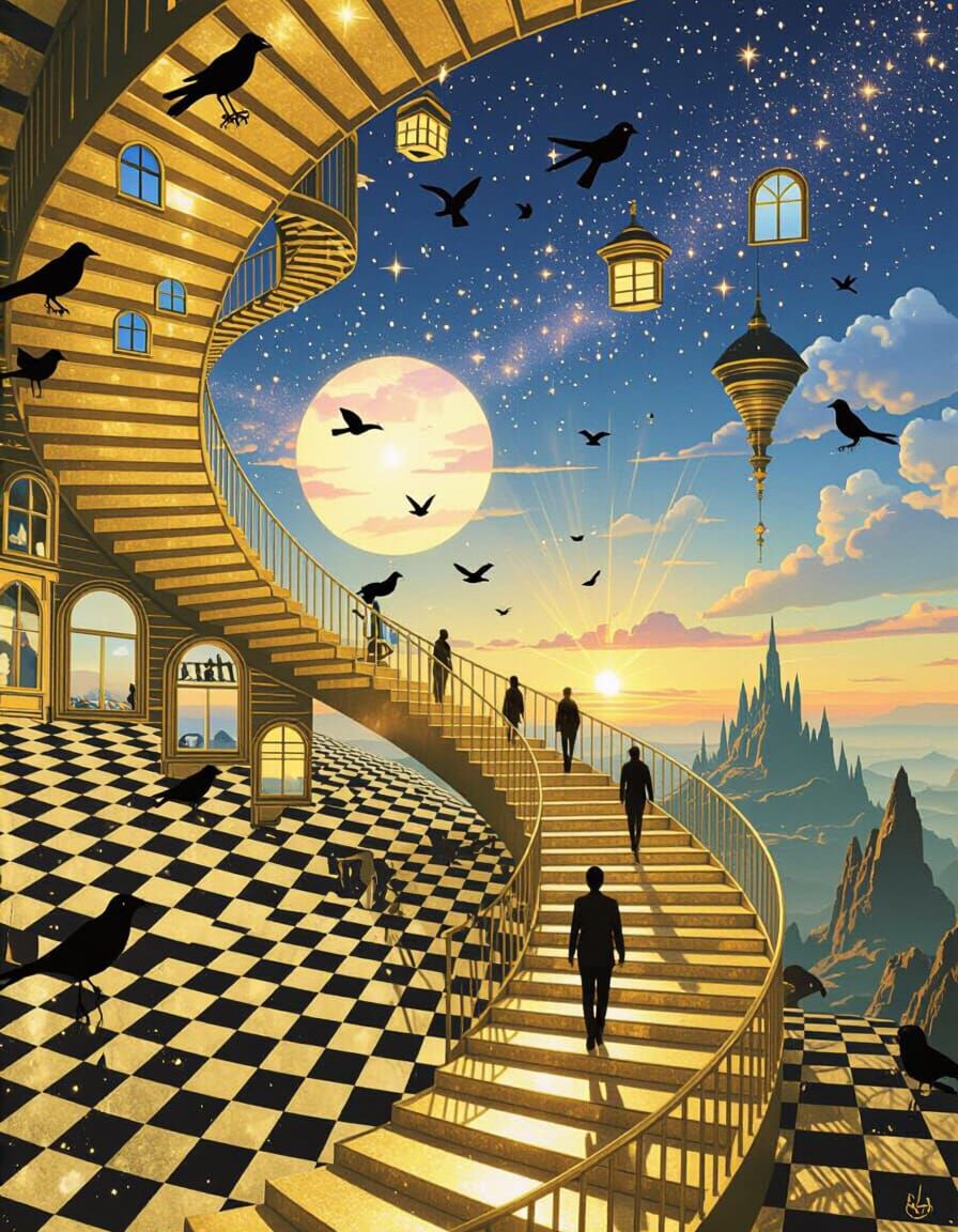 Golden Shimmering Surreal Landscape with Celestial Sky