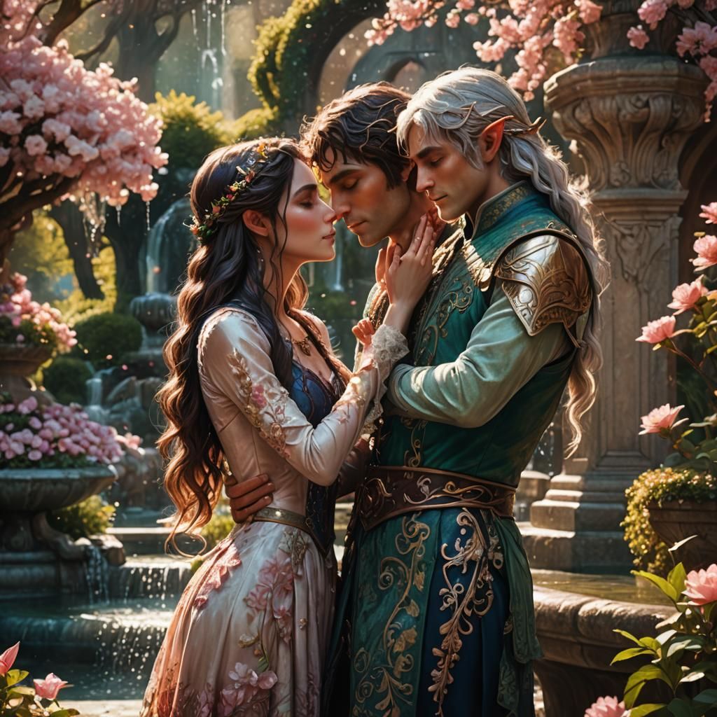 Fantasy Elf Love in Blossoming Garden
