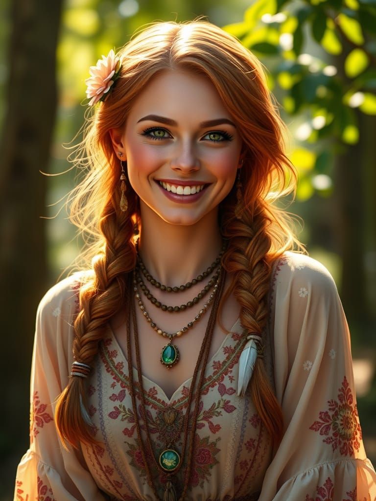 Soulful Bohemian Goddess with Auburn Hair and Emerald Eyes