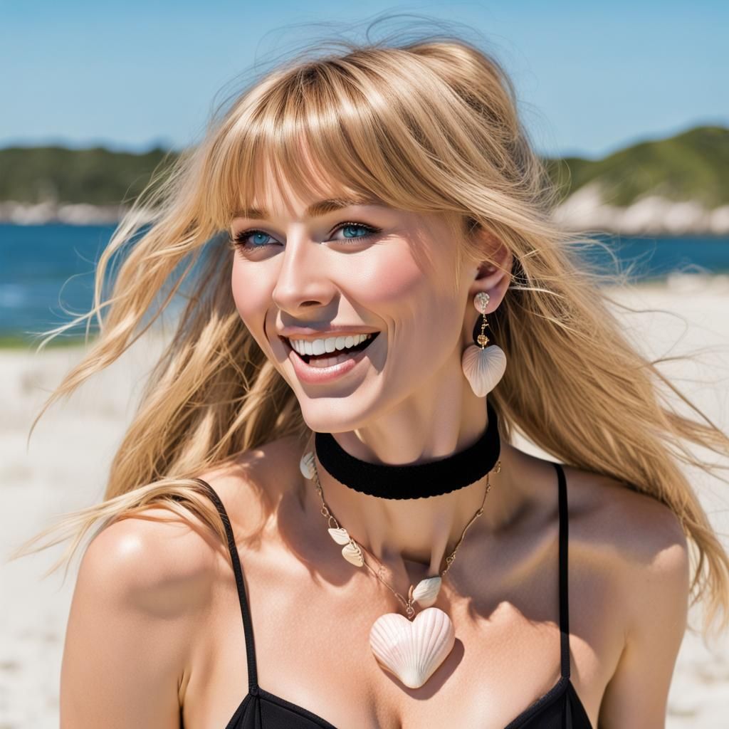 Blonde Woman on Beach with Blue Sky