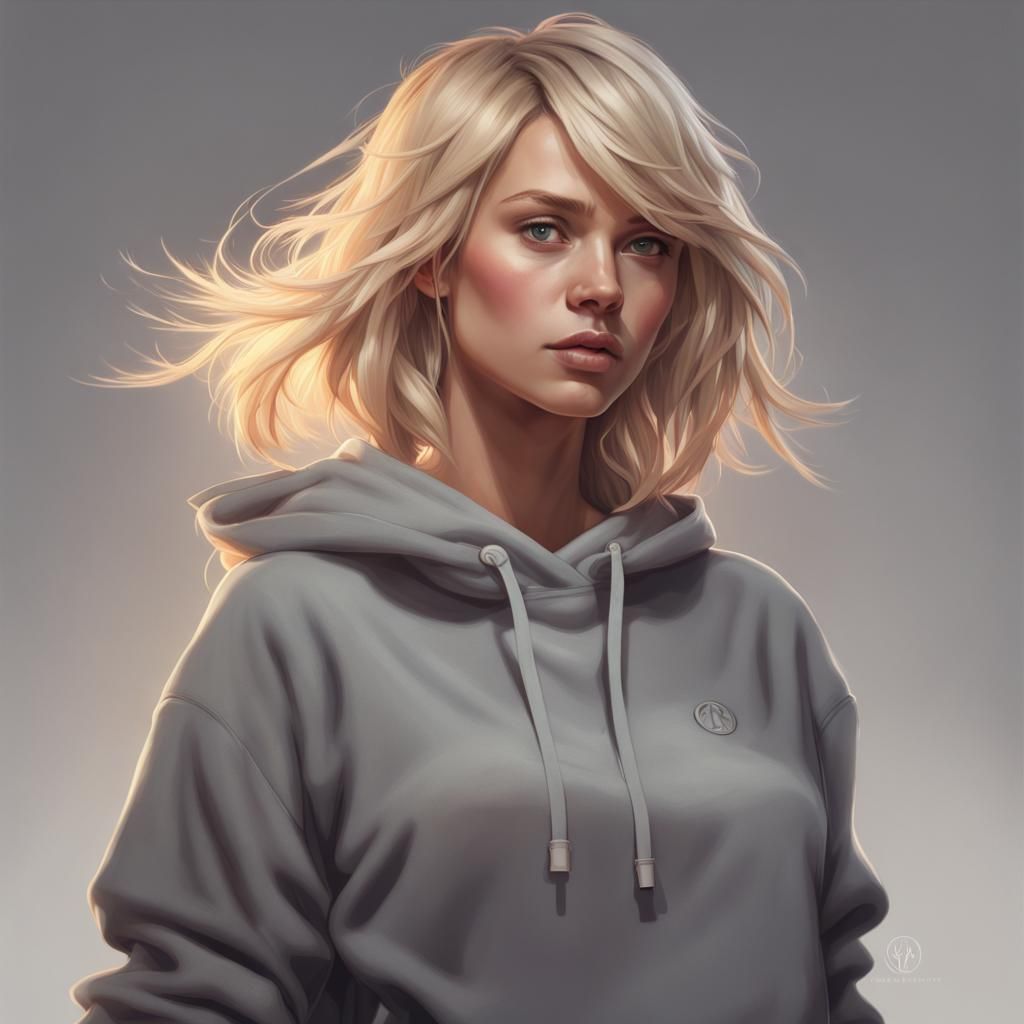 Blonde Woman in Gray Sweatshirt: Hyperdetailed Portrait