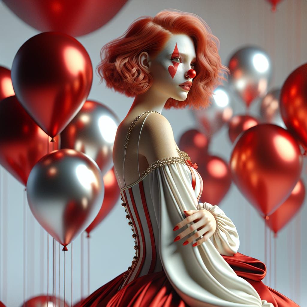 Red-Haired Clown with Balloons in Digital Painting