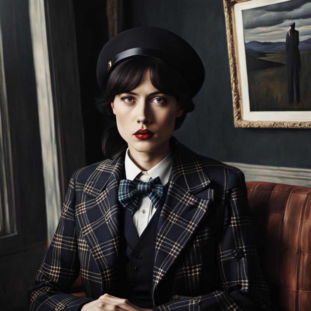 Haunted Plaid Portrait in Early 20th-Century Style