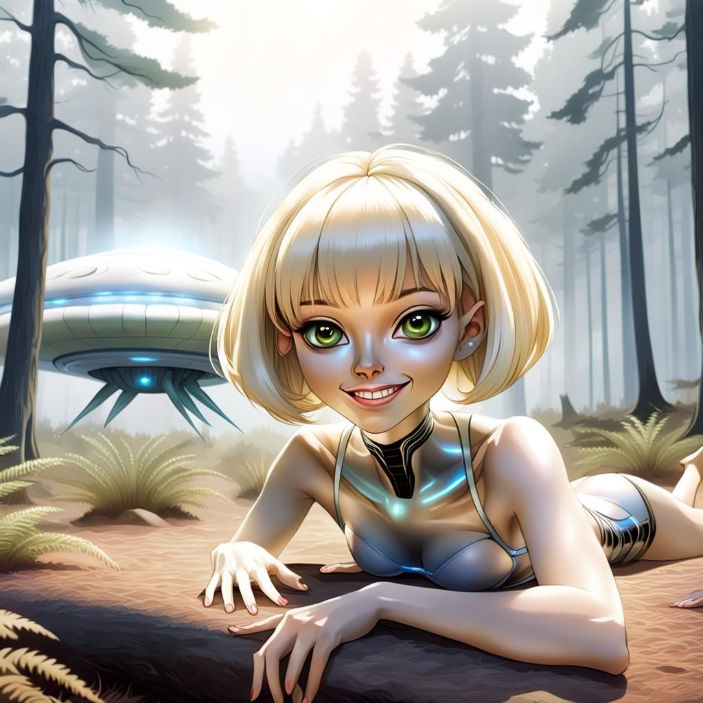 Alien Woman Sunbathing in Forest With UFO