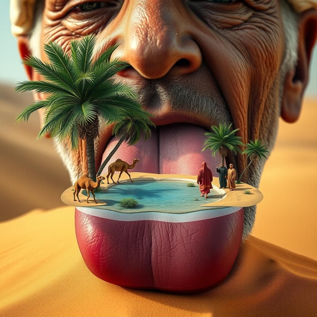 A hyper-realistic photograph taken with a professional camera, showing a large human tongue, with a lush, life-like oasi...