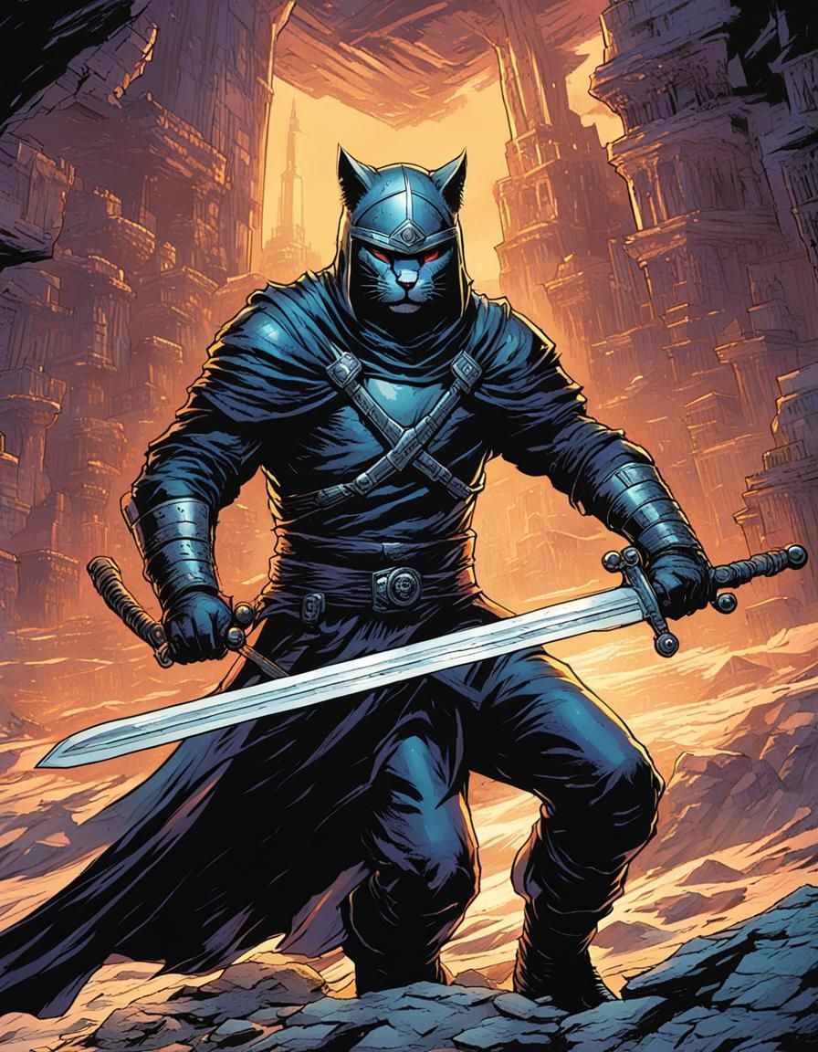Cat Warrior in Comic Book Art Style