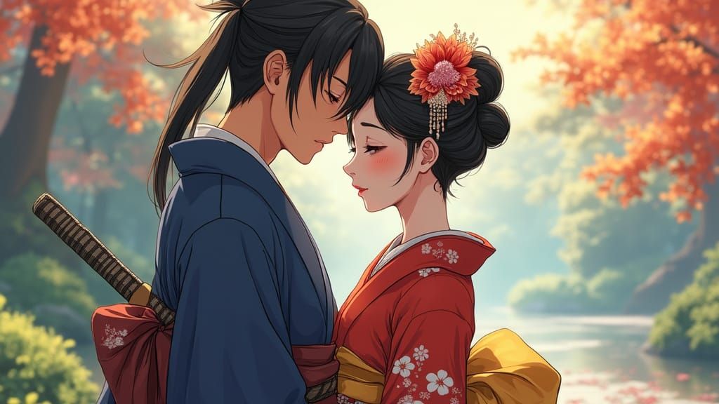 Geisha and Samurai Embrace in Anime Style