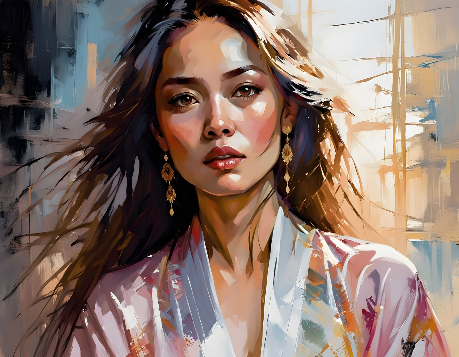 Filipino Woman in Silk Robe, Embarrassed Expression